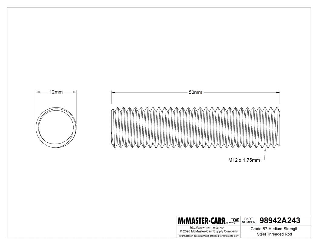 Technical Drawing of Grade B7 Medium-Strength Steel Threaded Rod, Zinc Yellow-Chromate Plated, M12 x 1.75 mm Thread, 50 mm Long.